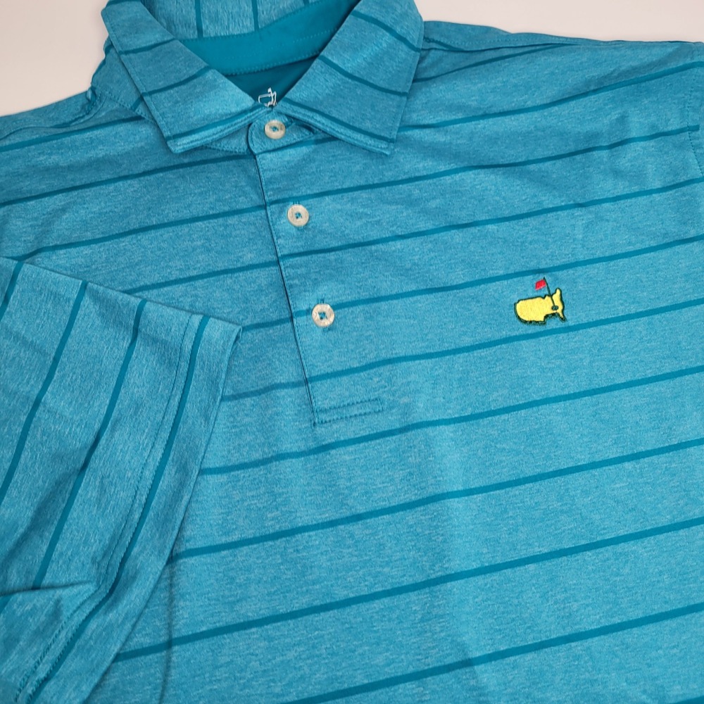 Masters Tech Golf Polo Mens Medium Teal Blue Excellent Striped Performance Shirt